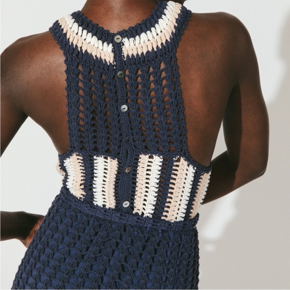 Cleobella small Navy and Cream Crochet Midi Dress ruffle hem - Picture 3 of 5